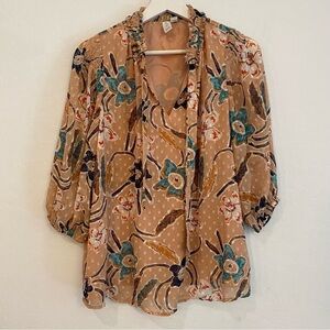 Joie Tan Floral Tie Neck Blouse Size Medium